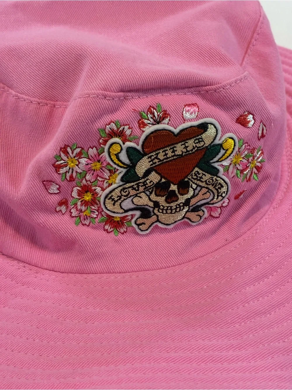Ed Hardy Pink Bucket Hat with Heart Skull Embroidered Patch